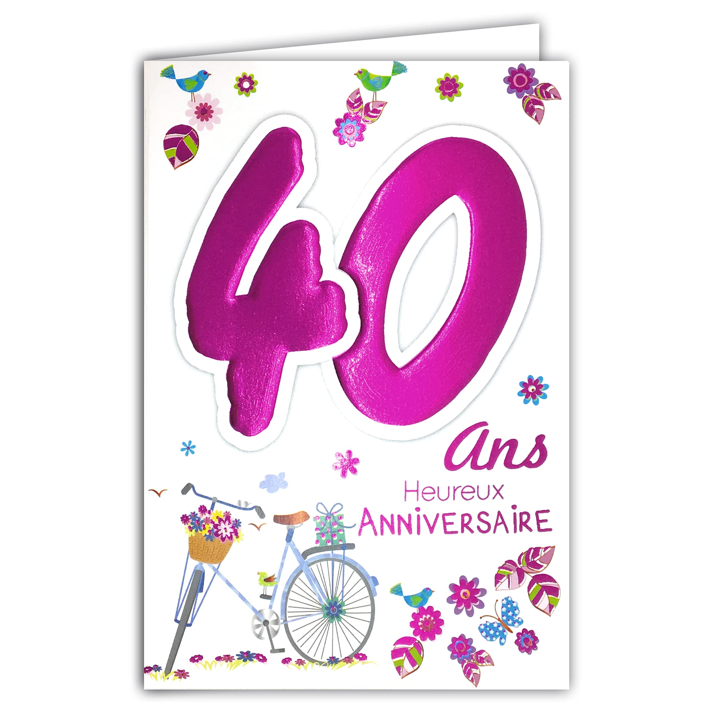 MV 69-2032 Age 40 Birthday Card Flower Bicycle Gift Woman Birds