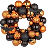 Halloween Wreath for Front Door, 13 inch Small Halloween Ball Wreath with Pumpkins Bats Shatterproof Front Door Wreaths Orange/Black Ball Ornament for Wall Mantel Porch Indoor Outdoor Decor