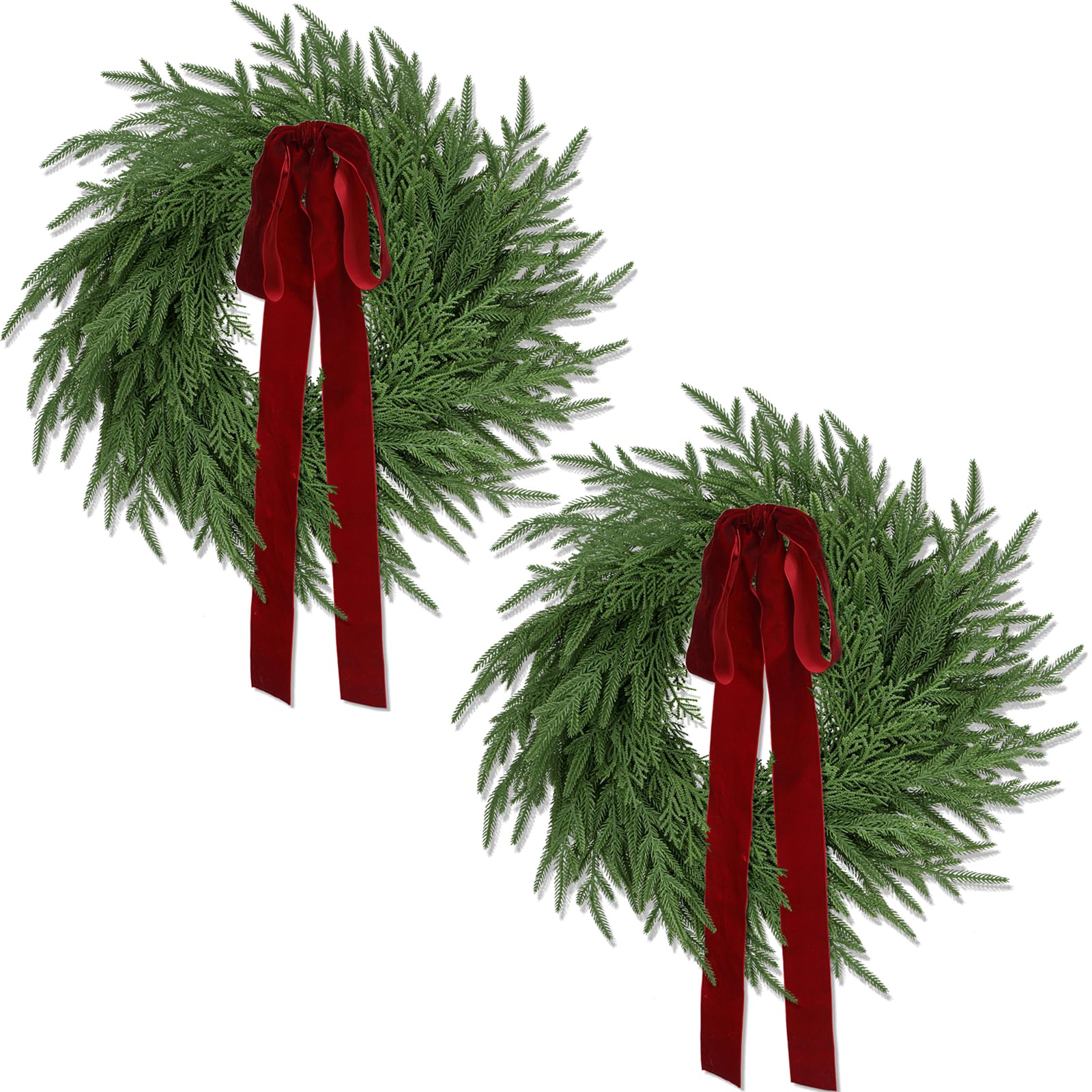 Photo 1 of 2 Pack Christmas Wreath for Front Door, Artificial Pine Cedar Holiday Wreath with Red Bow, Winter Greenery Wreath for Indoor Outdoor Home Decoration