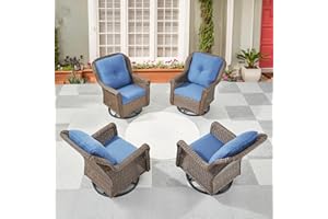 Bellefurn Patio Furniture Set 4PCS Swivel Glider Chairs with Chrysanthemum Armest and 2 Blue Cushions Brown Rattan Patio Swivel Chairs Set for Garden Balcony Backyard Sunroom Poolside