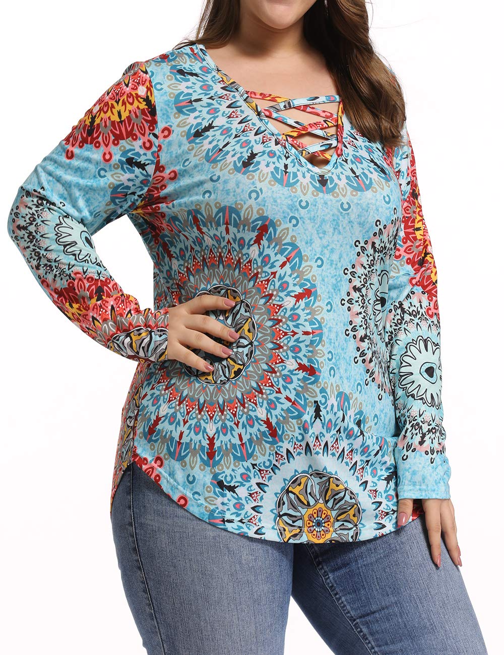 caidyny Womens Women\'s T-Shirt Plus Size Long Sleeve Floral Tees Sexy V Neck Criss Cross Fall Tops Light Blue