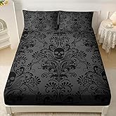 AILONEN Black Skull Fitted Sheet Set Twin XL Size,Floral Flower Gothic Skull Bed Sheet Set for Bedroom Decor,3 Pieces Boho Tree of Life Sheet Set,1 Fitted Sheet with 2 Pillowcases