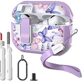 WENEW Case for AirPods Pro &amp; Pro 2 Case Cover Secure Lock Automatic Snap Switch Clip Cleaner Kit Lanyard Women Stylish Hard Shell Full Body Front LED Visible (Purple Butterfly, AirPods Pro &amp; Pro 2)