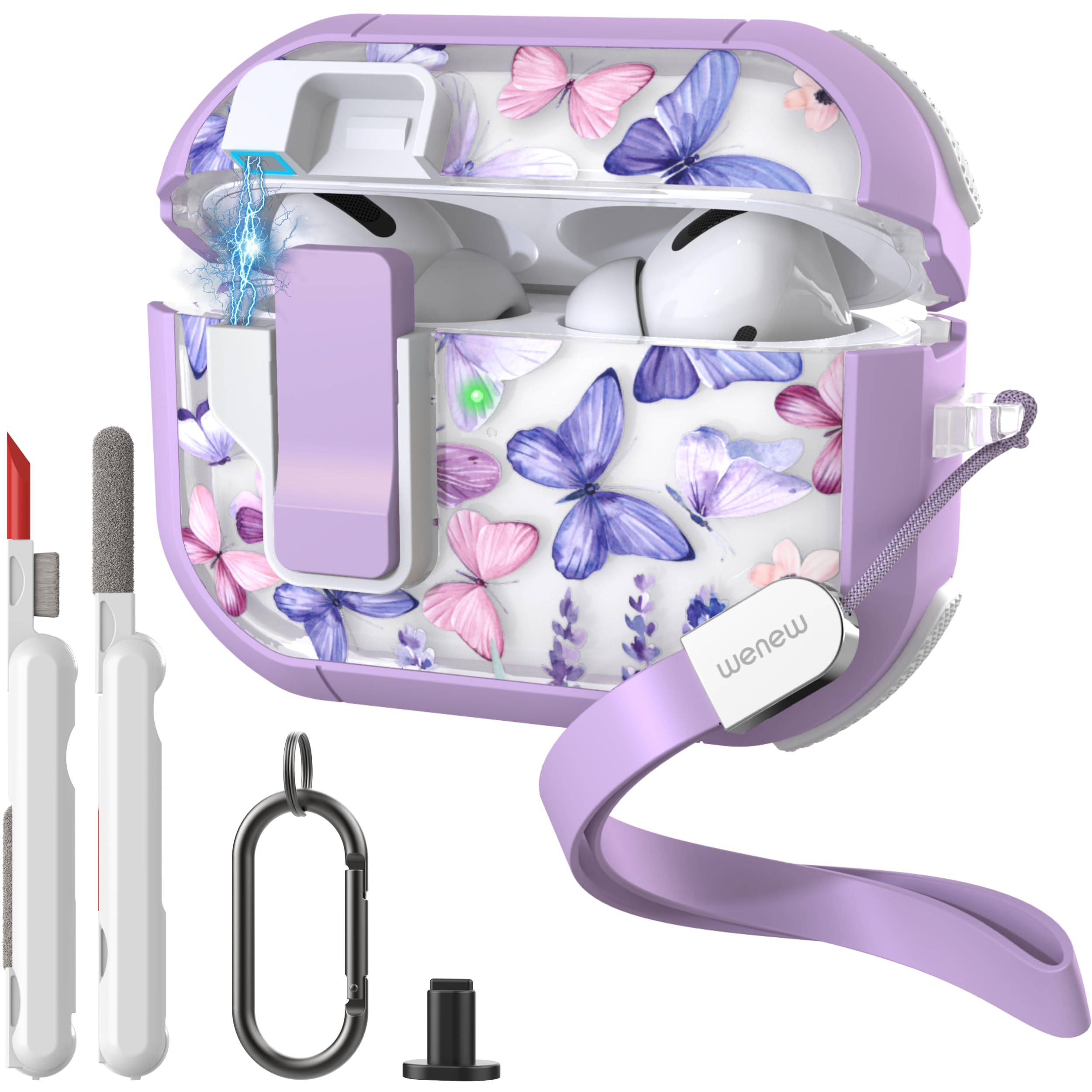 Photo 1 of WENEW Case for AirPods Pro & Pro 2 Case Cover Secure Lock Automatic Snap Switch Clip Cleaner Kit Lanyard Women Stylish Hard Shell Full Body Front LED Visible (Purple Butterfly, AirPods Pro & Pro 2)