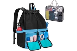 Fasrom Mesh Beach Bag Backpack with Waterproof Bag and Pocket, Large Drawstring Swim Backpack for Travel, Gym and Pool Sports