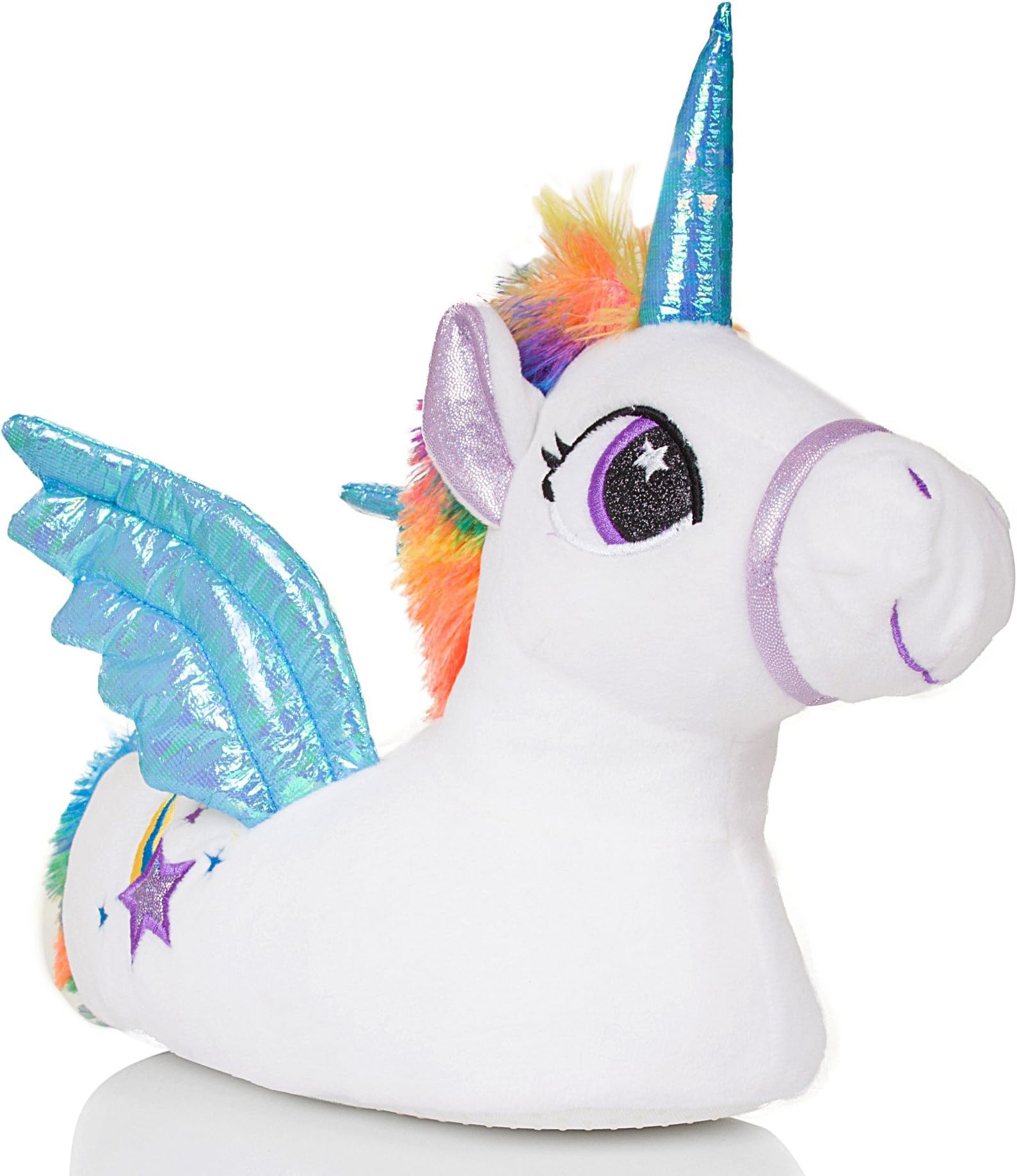 Cute Kids, Girls Novelty 3D Unicorn Slippers with Horn, Mane, Tail and Wings, White/Blue, Size 2/3