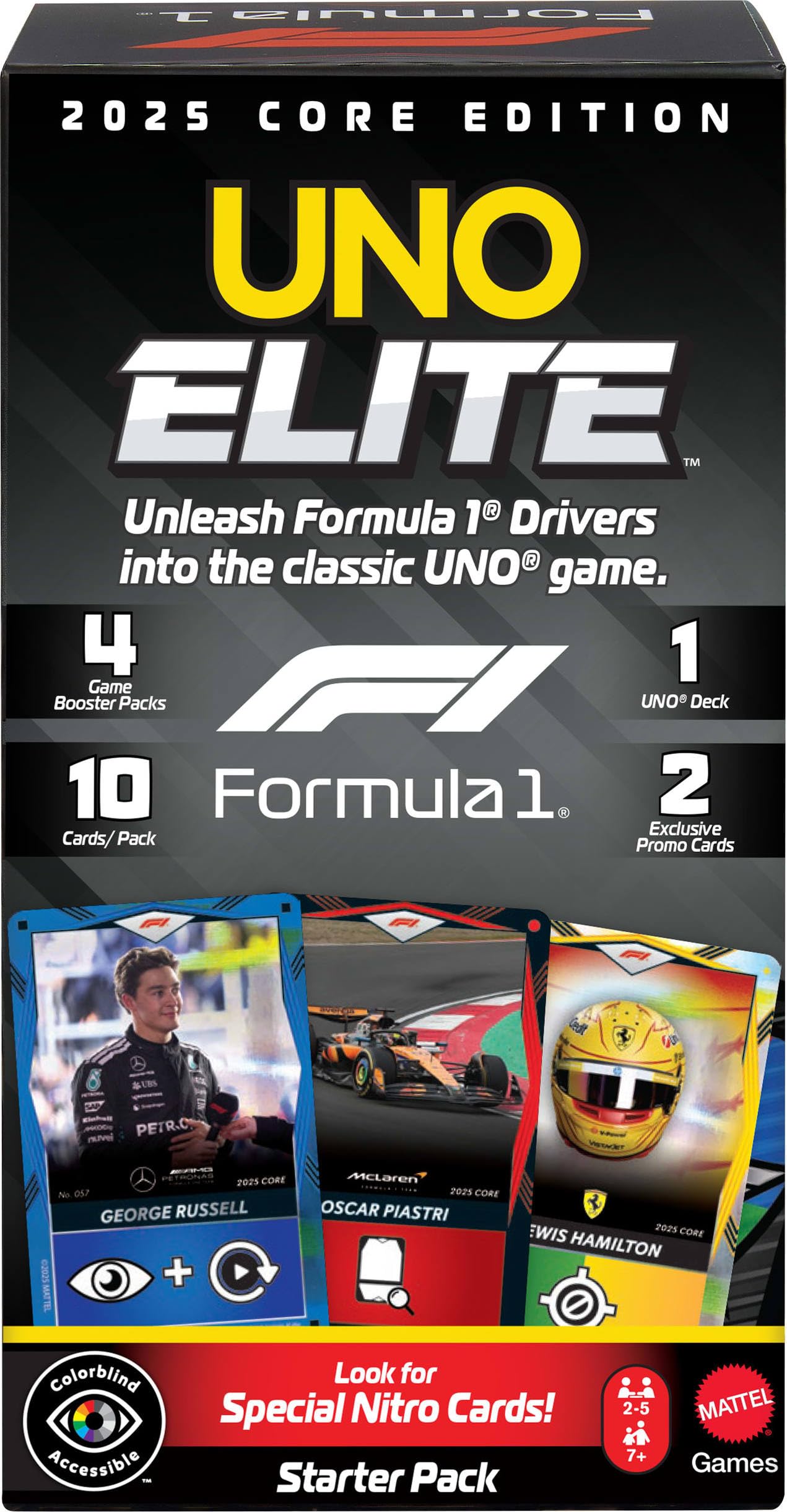 Mattel Games UNO Elite Formula 1 2025 Core Edition Starter Pack Card Game with 4 Game Booster Packs & 2 Promo Cards for Kids, Fans, Families & Game Night