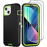 PQC for iPhone 13 Case with 2 Pack Screen Protector - Military Grade Rugged Full Body Phone Case for Men and Women (Black+Green)