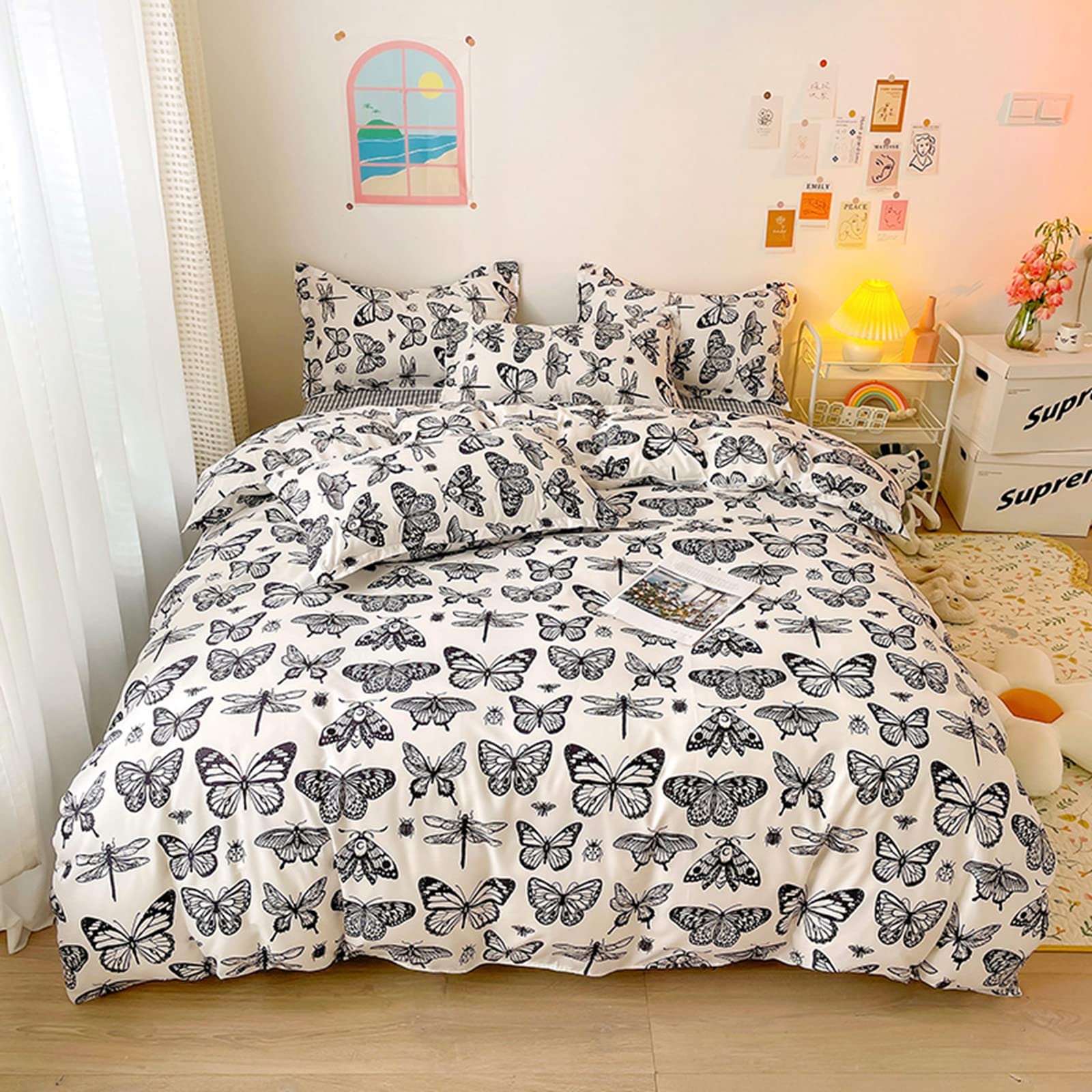 Lunoroey Black And White Butterfly Duvet Cover Set Double Size Butterfly Moth Dragonfly Ladybug Insect Printed Bedding Set Soft Lightweight All Season Quilt Cover Set
