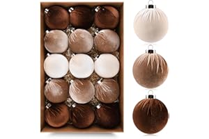 VTYEPOU Brown Velvet Christmas Tree Ornaments - 15pcs Shatterproof Christmas Balls for Xmas Trees Decorations - Multicolor Brown Neutral Beige, 80mm 3.15inch