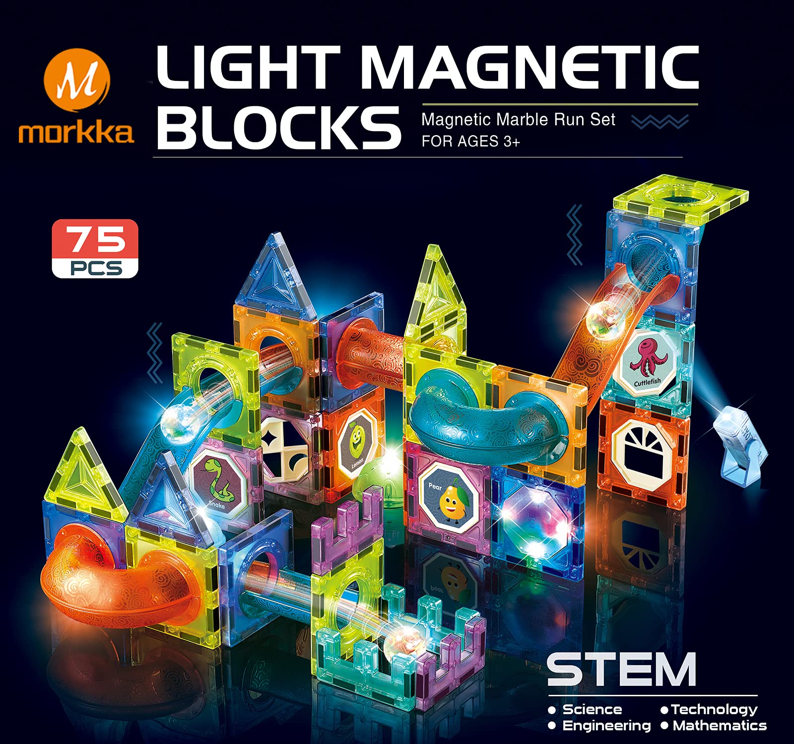 morkka Magnetic Light Orbital Blocks Building Blocks, 75 Pieces Stem Toy for Children 3 4 5 6 7 8 Years 3D Educational Toy Building Blocks Set Construction Blocks Gift for 3-12 Boys and Girls