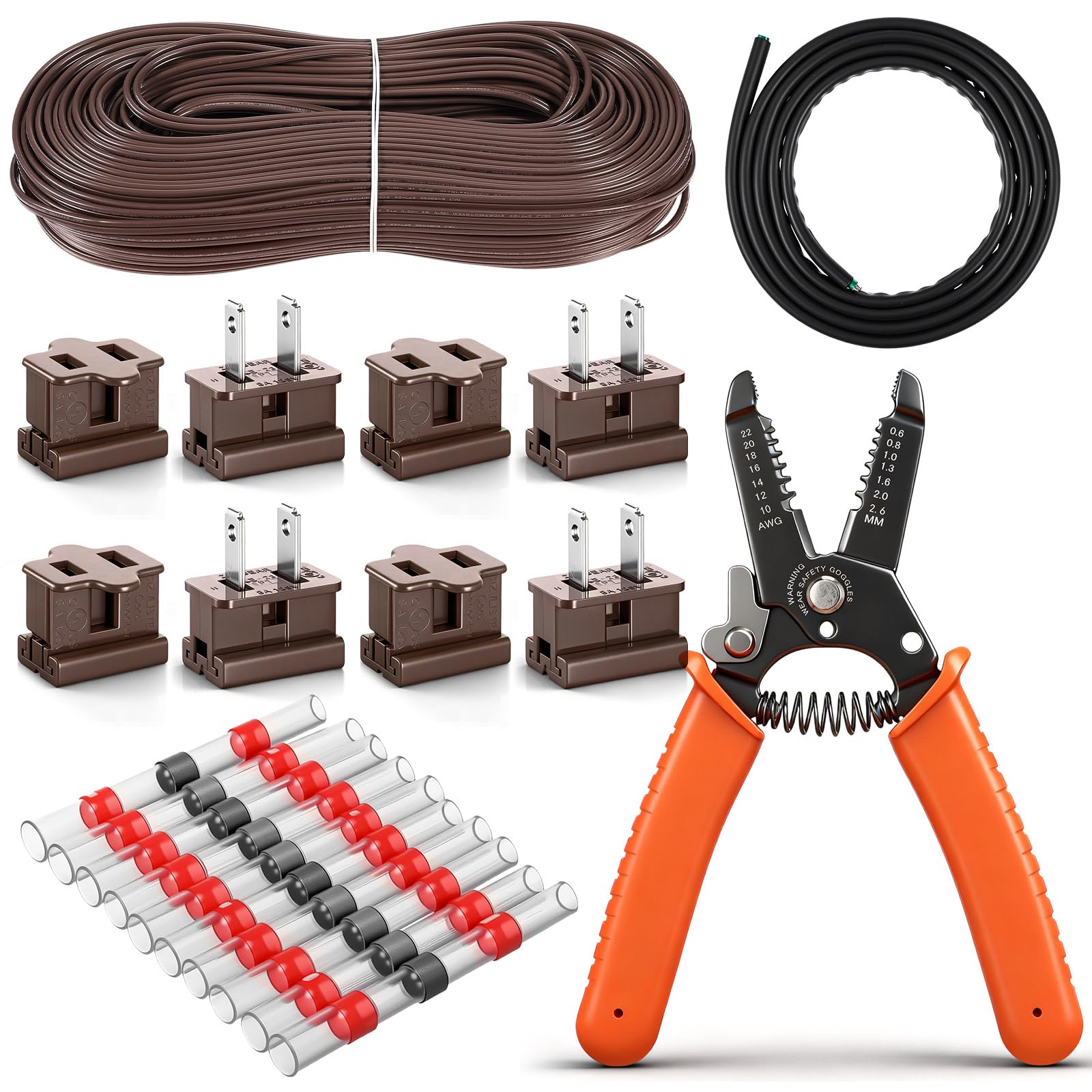 Photo 1 of 18/2 SPT-1 Electrical Wire Kit - 18/2 Landscape Lighting Wire with Strippers Plugs, Heat Shrink Terminals, Heat Shrink Tubing for Camp Holiday Lamp Extension Cable, Outdoor(Brown,50 ft)
