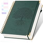 Spiral Notebook, College Ruled Notebook, A5, 300 Pages Leather Journals for Writing, 5.7" x 8.5" Hardcover Journaling Notebooks for Work School, 24pcs Tabs, Large Embossed Journal for Women Men, Green
