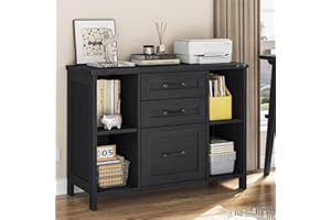 Vabches File Cabinet with 3 Drawers, Farmhouse Lateral File Cabinet Fits Files Letter/A4 Size, Wooden Filing Cabinet with Adjustable Shelves Printer Stand for Home Office, Black