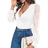 Fayenne Womens Tops Deep V Neck Cross Wrap Sexy Tops Polka Dot Mesh Long Sleeve T Shirt Casual Blouses