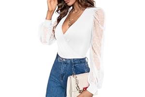 Fayenne Womens Tops Deep V Neck Cross Wrap Sexy Tops Polka Dot Mesh Long Sleeve T Shirt Casual Blouses