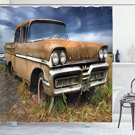 Amazon Com Ambesonne Manly Shower Curtain Picturesque Rural Landscape Old Fashioned Rusty Abandoned Car Countryside Cloth Fabric Bathroom Decor Set With Hooks 70 Long Night Blue Umber Tan Home Kitchen