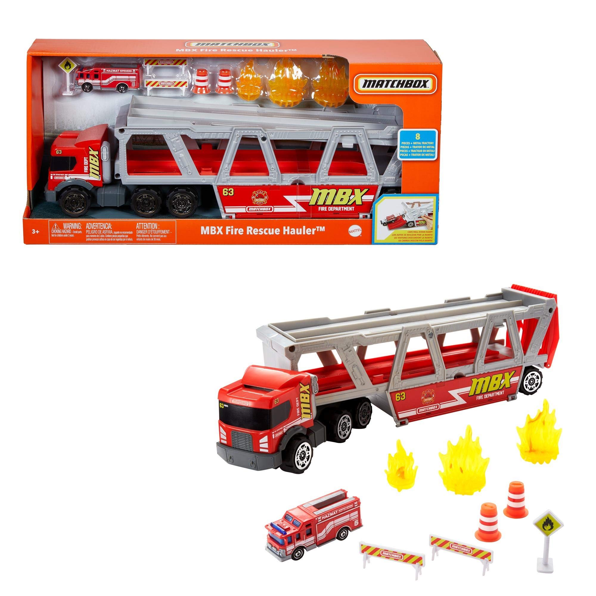 Matchbox GWM23 Construction Hauler with 1 Fire Engine and 8 Accessories, Toy from 3 Years