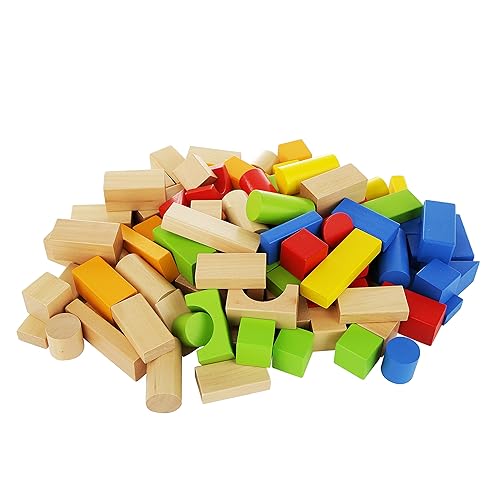 64-Piece Classic Wooden Building Blocks Set With Storage Tray - Natural Pine Blocks For Kids, STEAM Learning Toy