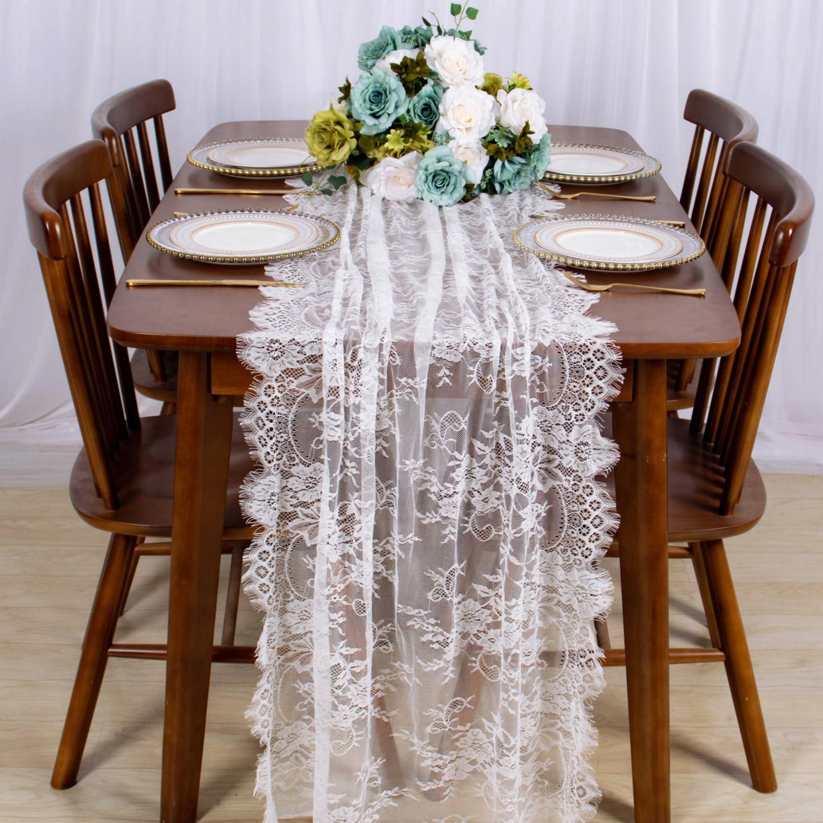 Photo 1 of ShinyBeauty 30x120 Inch White Lace Table Runner - Rustic Boho Party Table Linen for Wedding, Christmas, and Special Events