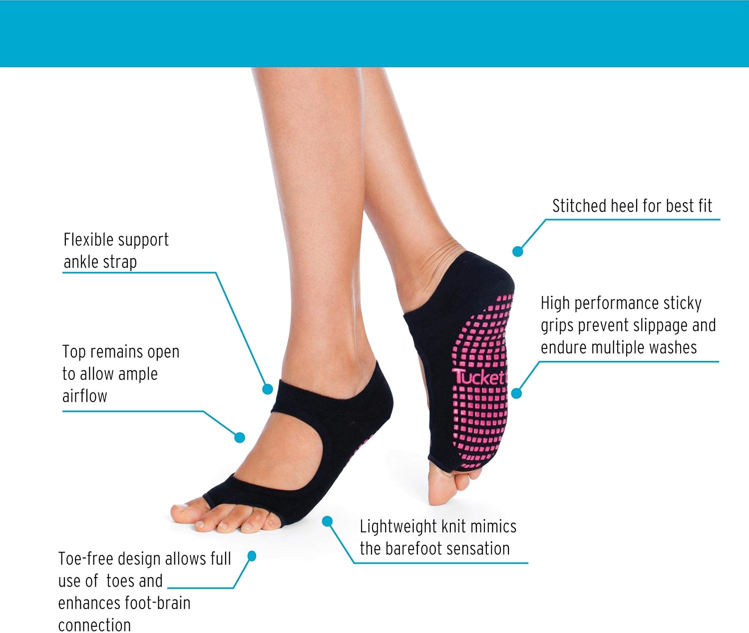 Tucketts Allegro Toeless Non-Slip Grip Socks, Made in Colombia, Mary Jane Style Perfect for Yoga Barre, Pilates - Image 4