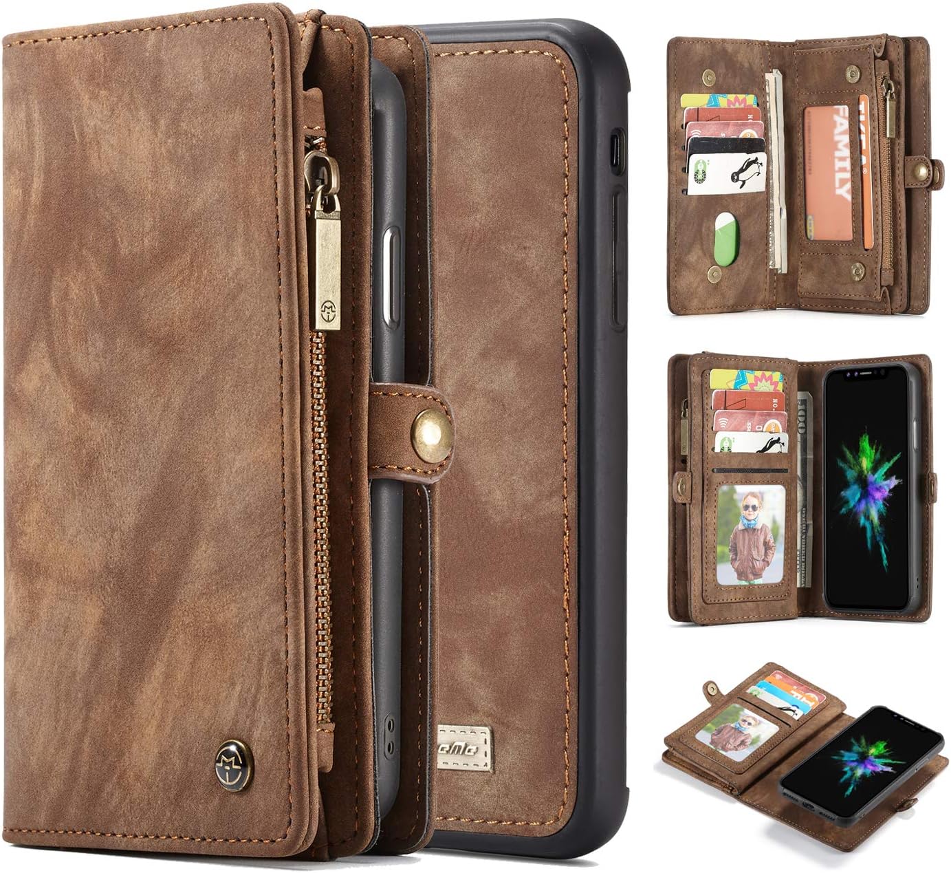 iPhone Xs Max Case Wallet Case,AKHVRS Handmade Premium Cowhide Leather Wallet Case,Zipper Wallet Case Detachable Magnetic Case & 11 Card Slots [Magnetic Closure] for 6.5 Inch iPhone Case Brown