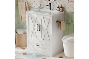 JUMMICO 24" Bathroom Vanity with Sink, Bathroom Storage Vanity Sink Cabinet with 2 Doors ＆ 1 Drawer Space, Farmhouse Wooden Free Standing Bathroom Cabinet with Sink Combo, Easy Assembly (White)