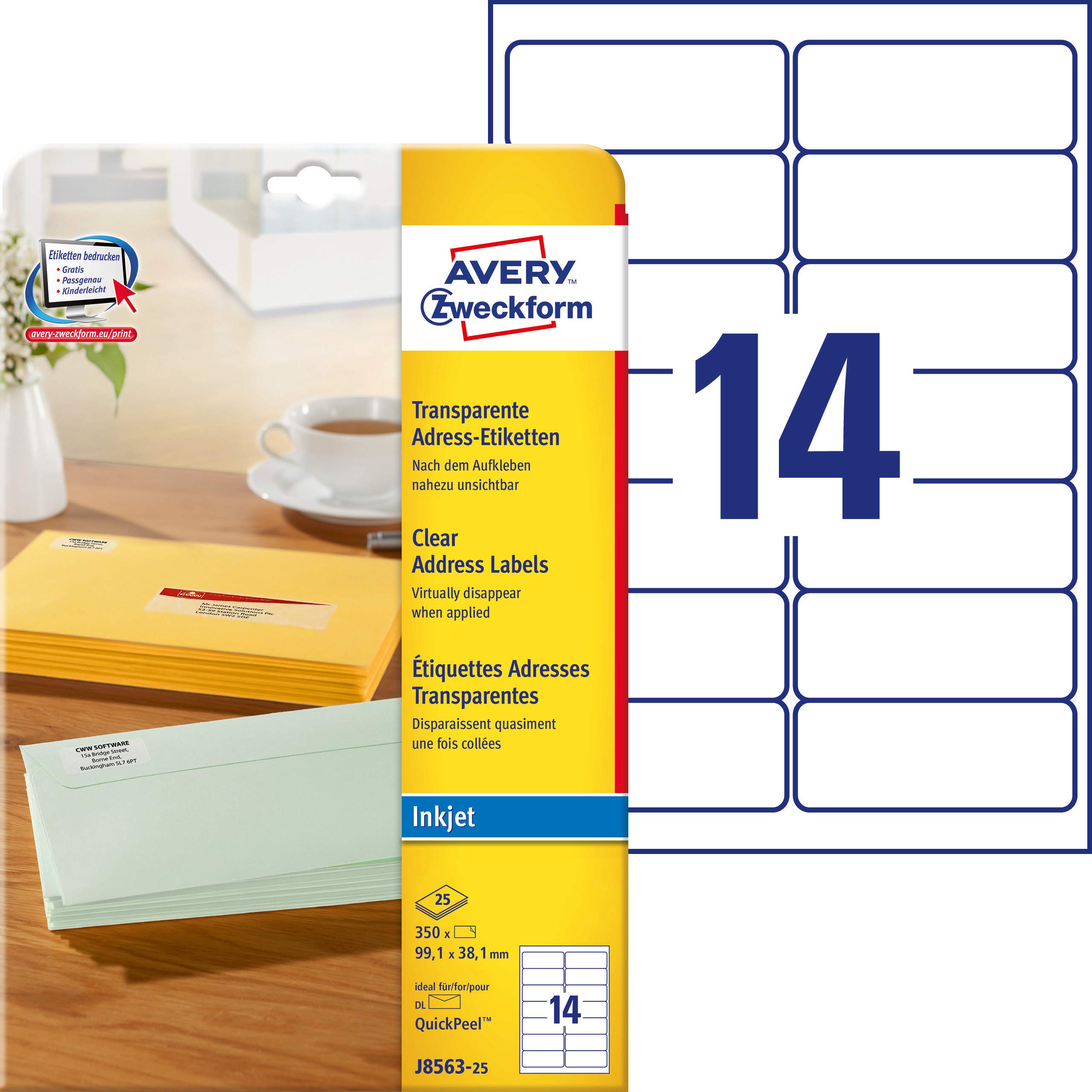 Avery Zweckform J8563-25 Transparent Address Labels 99.1 x 38.1 mm 25 Sheets