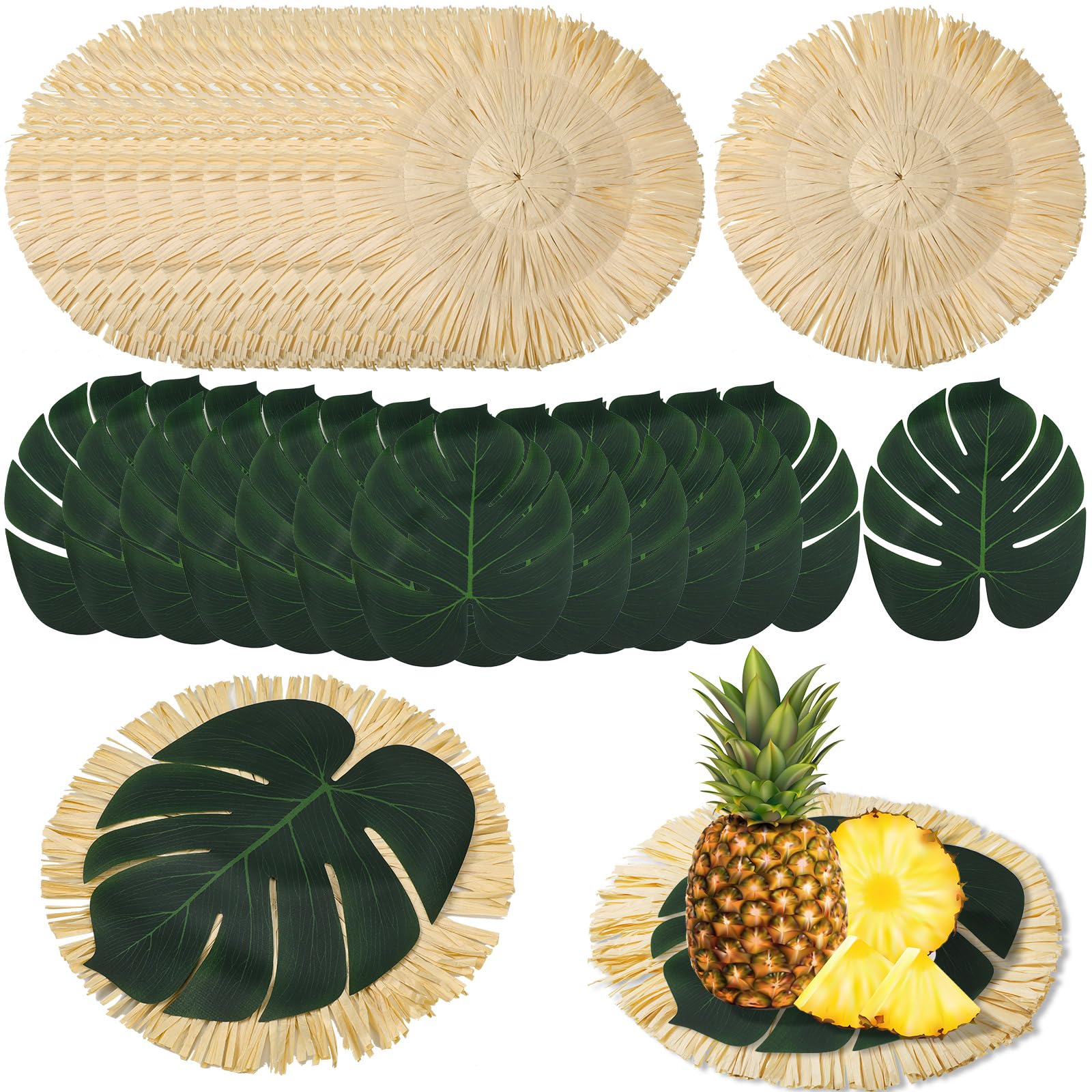 Photo 1 of Sunnychicc 24 Pack Luau Placemats and Palm Placemat, Round Luau Fringe Place Mats Tropical Palm Leaf Place Mats Bulk Summer Hawaiian Plate Chargers Table Placemats Tropical Party Supplies