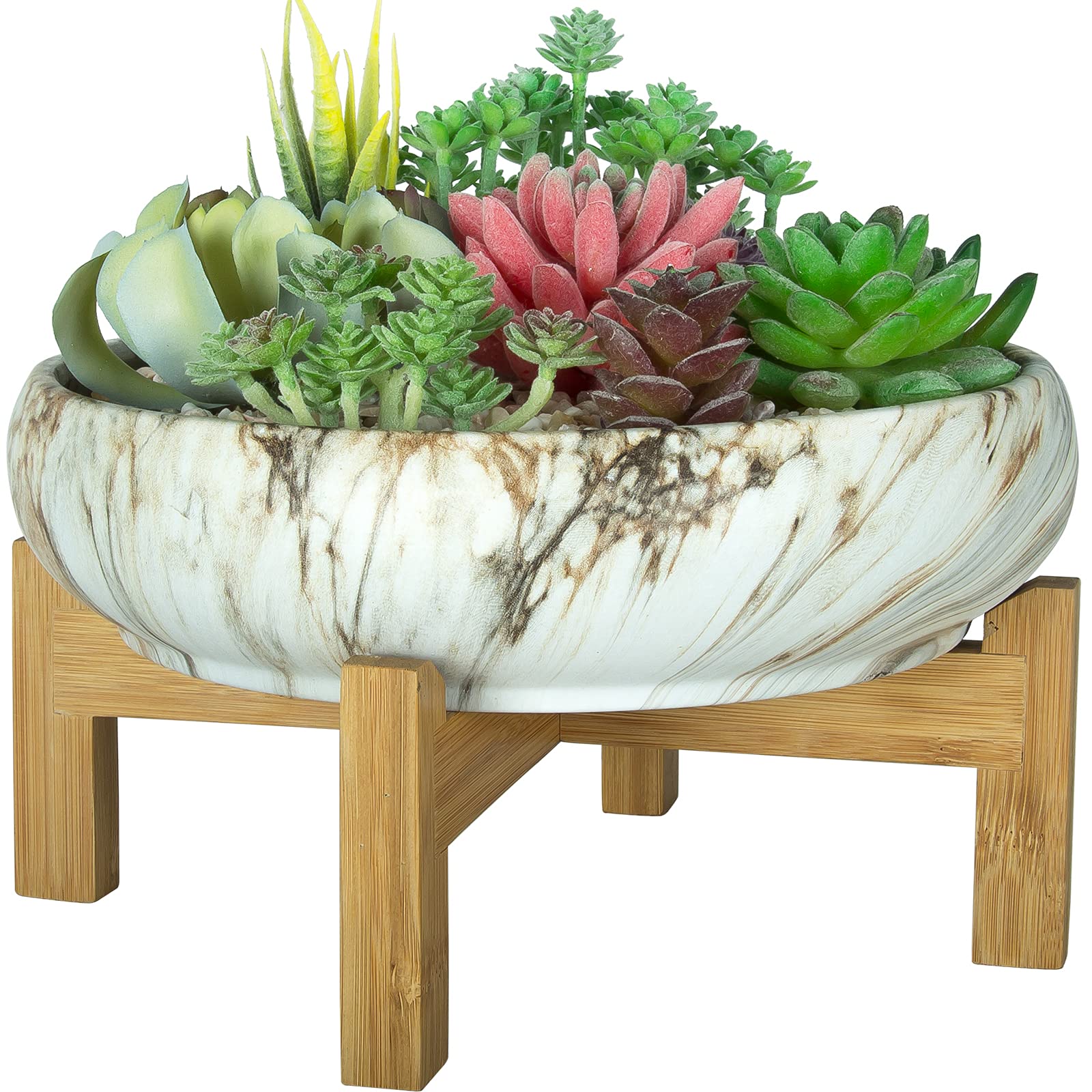 ARTKETTY Succulent Plant Pot, 25.5 CM Large Bonsai Pots with Drainage Stand, Shallow Marble Cactus Plant Pot Ceramic Pots for Indoor/Outdoor Succulent Plants Decorative Garden Flower Plant Bowl