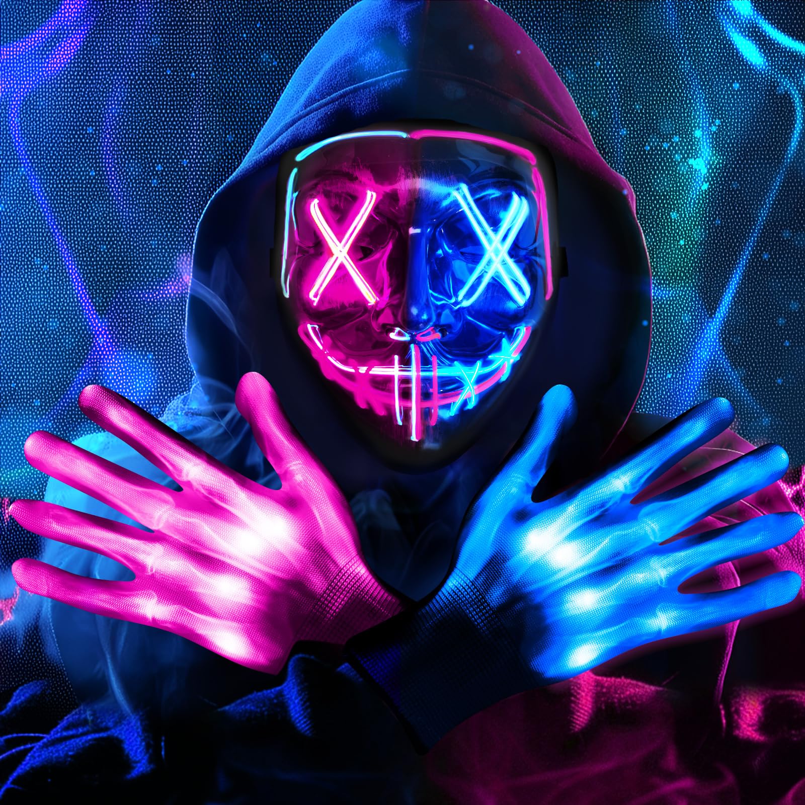 Photo 1 of **HAS SOME DAMAGE**
Onsucum Halloween LED Light Up Mask, Scary Glowing Mask for Cosplay Costumes, Festival, Carnival Party Supplies Gifts (Blue & Pink)