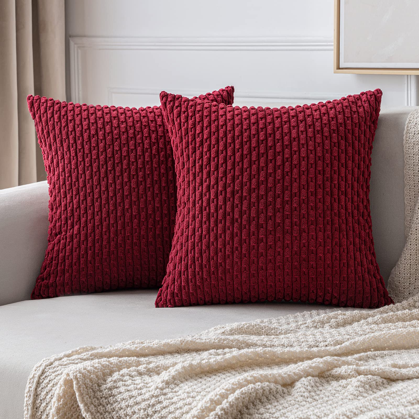 MIULEE Wine Red Throw Pillow Covers Soft Corduroy Decorative Eruo Sham Set of 2 Boho Striped Pillow Covers Pillowcases Farmhouse Home Decor for Couch Bed Sofa Living Room 24x24 Inch