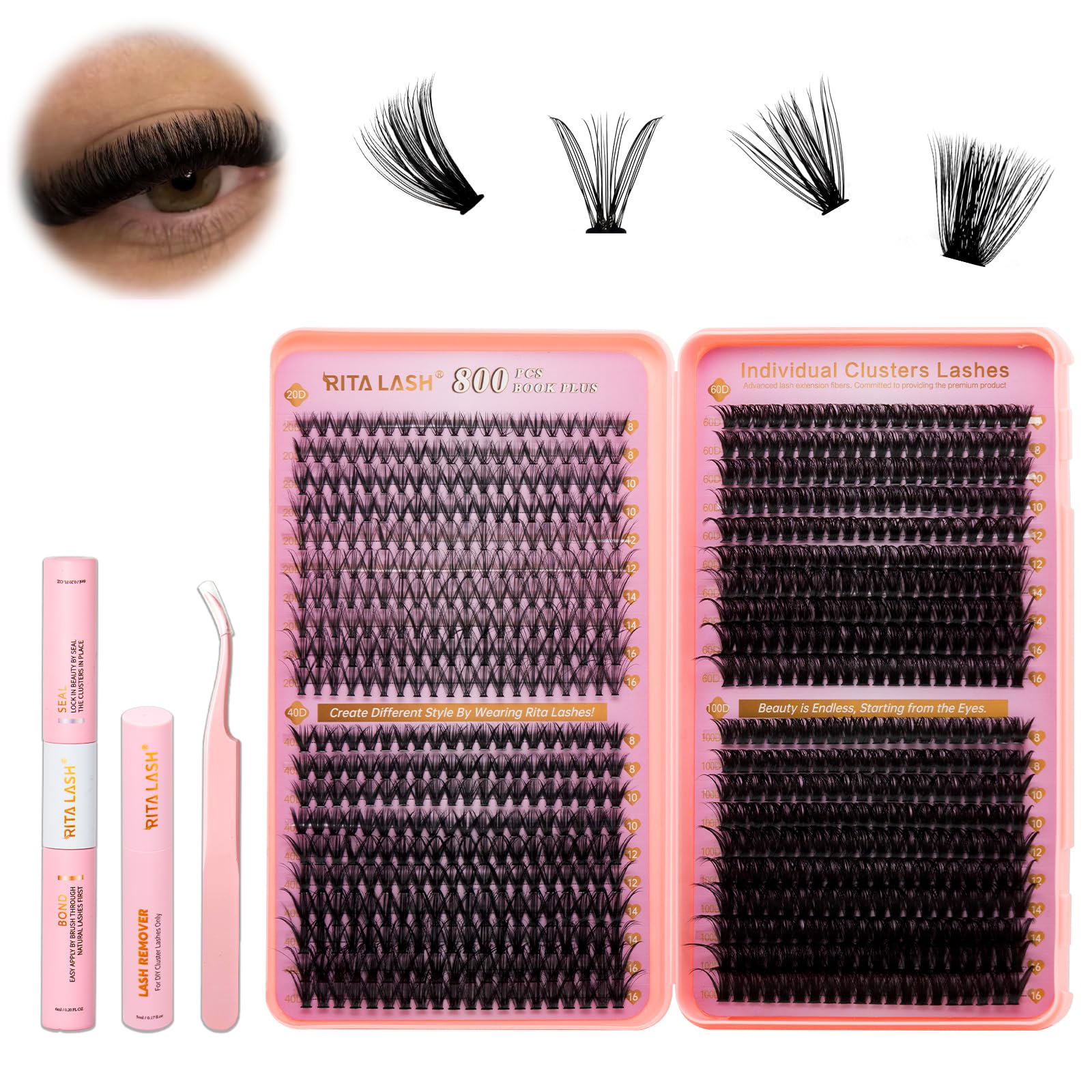 RITALASH DIY Eyelash Extension Kit, 800PCS Cluster Lash Book Set with Bond & Seal, Remover, Tweezers, D-Curl Lashes in 8-16mm (20D+40D+60D+100D Kit) — image 1