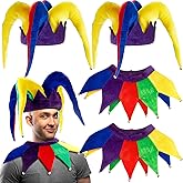 4 Pcs Mardi Gras Jester Costume, Giant Jester Adult Hat Clown Costume Include 2 Mardi Gras Hat and 2 Collar for Party Masquerade Cosplay Accessory Carnival Dress Decorations