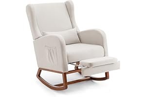 AYEASY Nursery Rocking Chairs with Foot Rest, Rocking Chair Nursery Glider Chair with Rubber Wood Legs Side Pocket, High Back Nursing Chair, Accent Rocker Arm Chair Baby Bedroom, Living Room, Beige