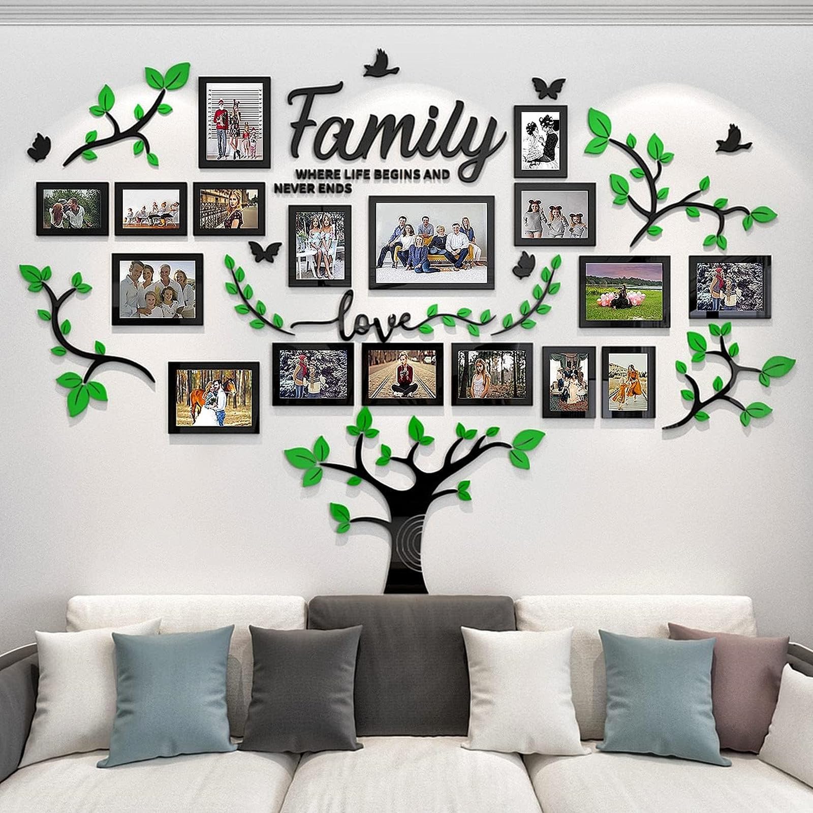 Family Tree Photo Frame Stickers for Wall DIY 3D Tree Wall Stickers Living Room Tree Wall Sticker Tree of Life Wall Art for Living Room Wall Decorations for Bedrooms (207x146cm, Green)