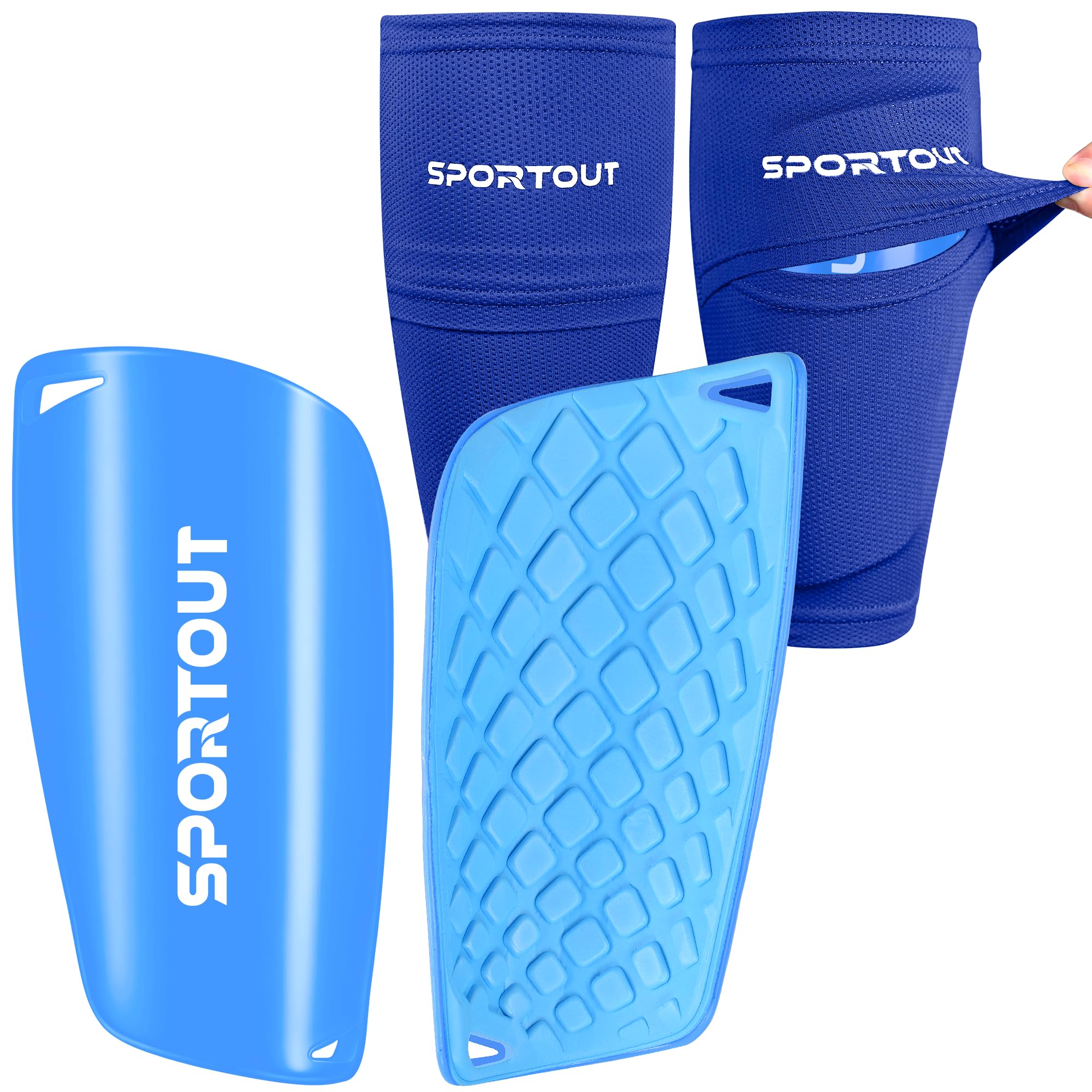 Sportout Kids Youth Adult Football Shin Guards with High Elastic Sleeves,Offers Comprehensive Protection for Your Legs (XL, Blue-1)