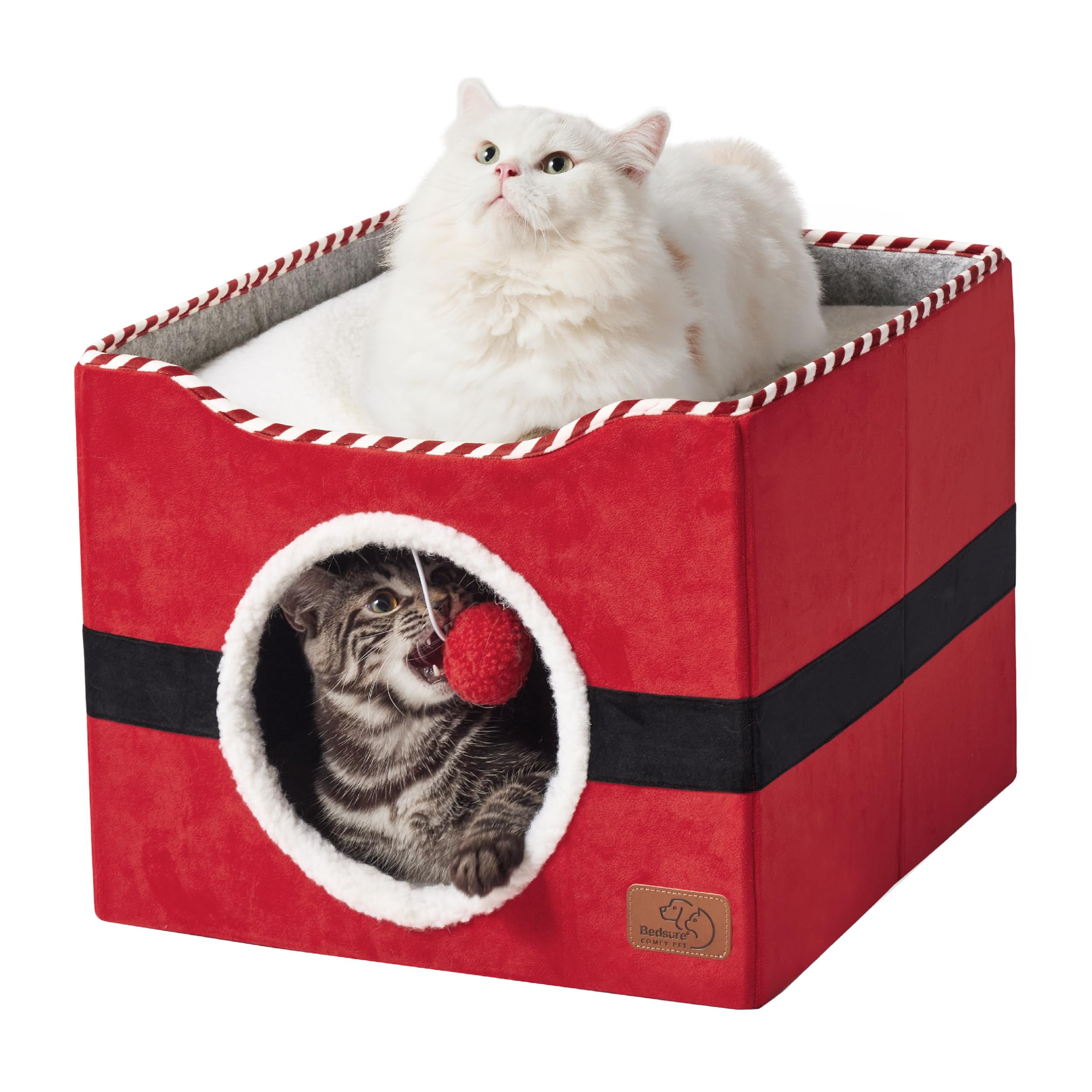 Photo 1 of Bedsure Cat Beds for Indoor Cats - Large Cat Cave for Pet Cat House with Fluffy Ball Hanging and Scratch Pad, Foldable Cat Hideaway, 16.5x16.5x13 inches,Red