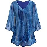 Bebonnie Womens Ruffle 3/4 Sleeve V Neck Double Layers Mesh Blouses Loose Fit Flowy Tunic Tops