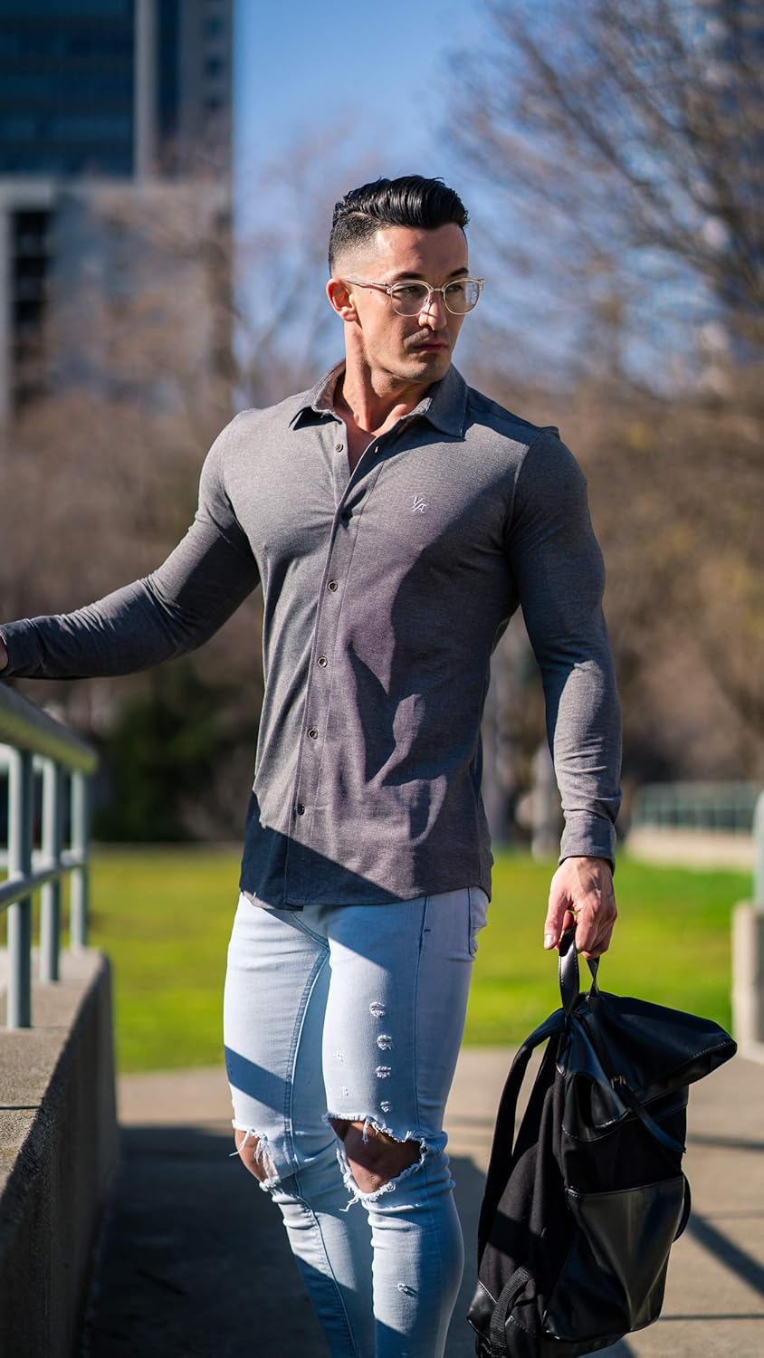 YoungLA Men’s Slim FIt Dress Shirts | Button Up Long Sleeves | Athletic Fitted | Formal Long Sleeves for Work and Casual 415 at  Men’s Clothing store