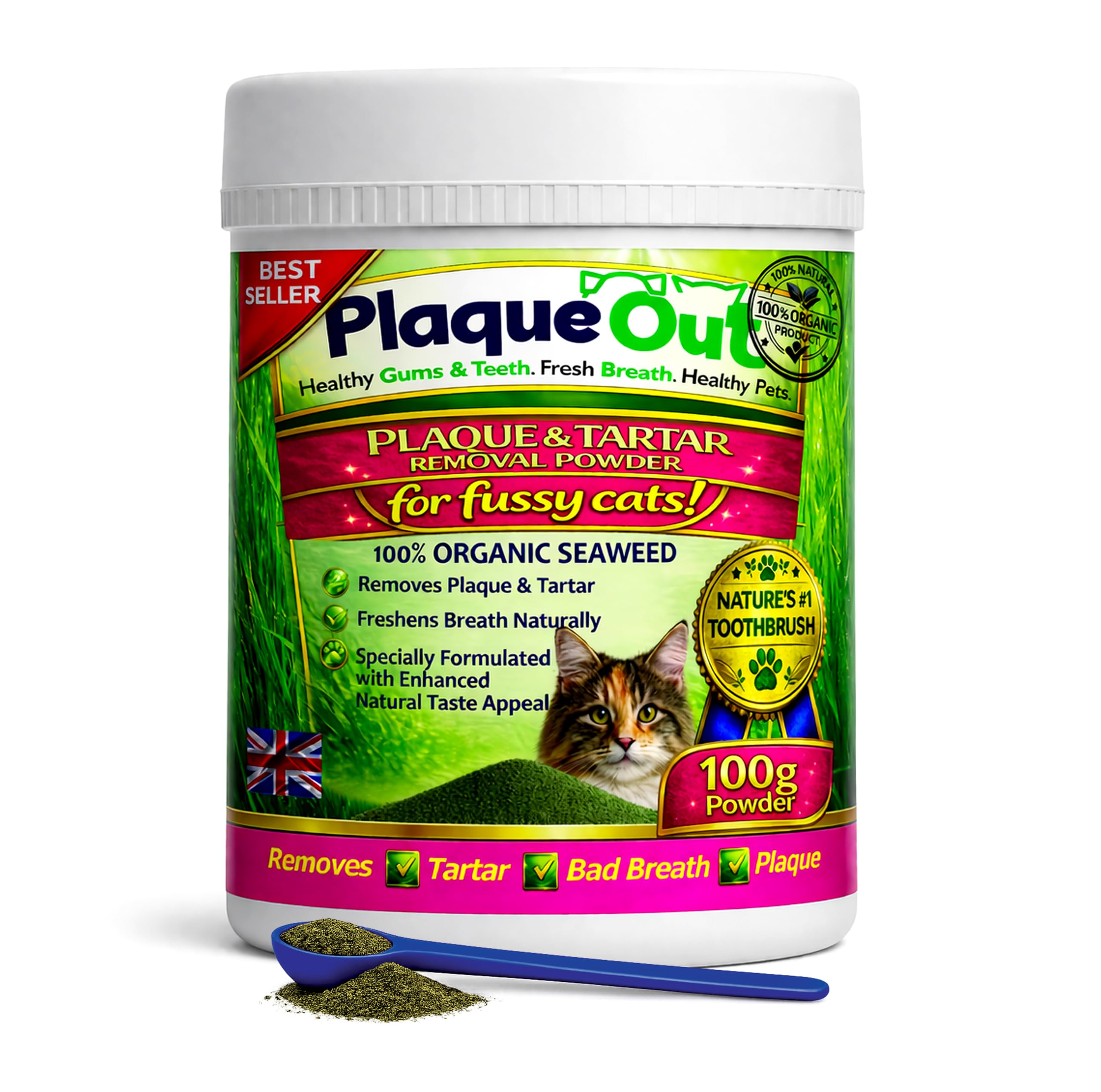 PLAQUE OUT for Fussy Cats 100g Pot - Plaque Off Remover - 100% Natural and Organic Seaweed Powder for Cats - Cat Teeth Cleaning, Cat Plaque Removal, Cat Dental Care, Bad Breath & Gum Care