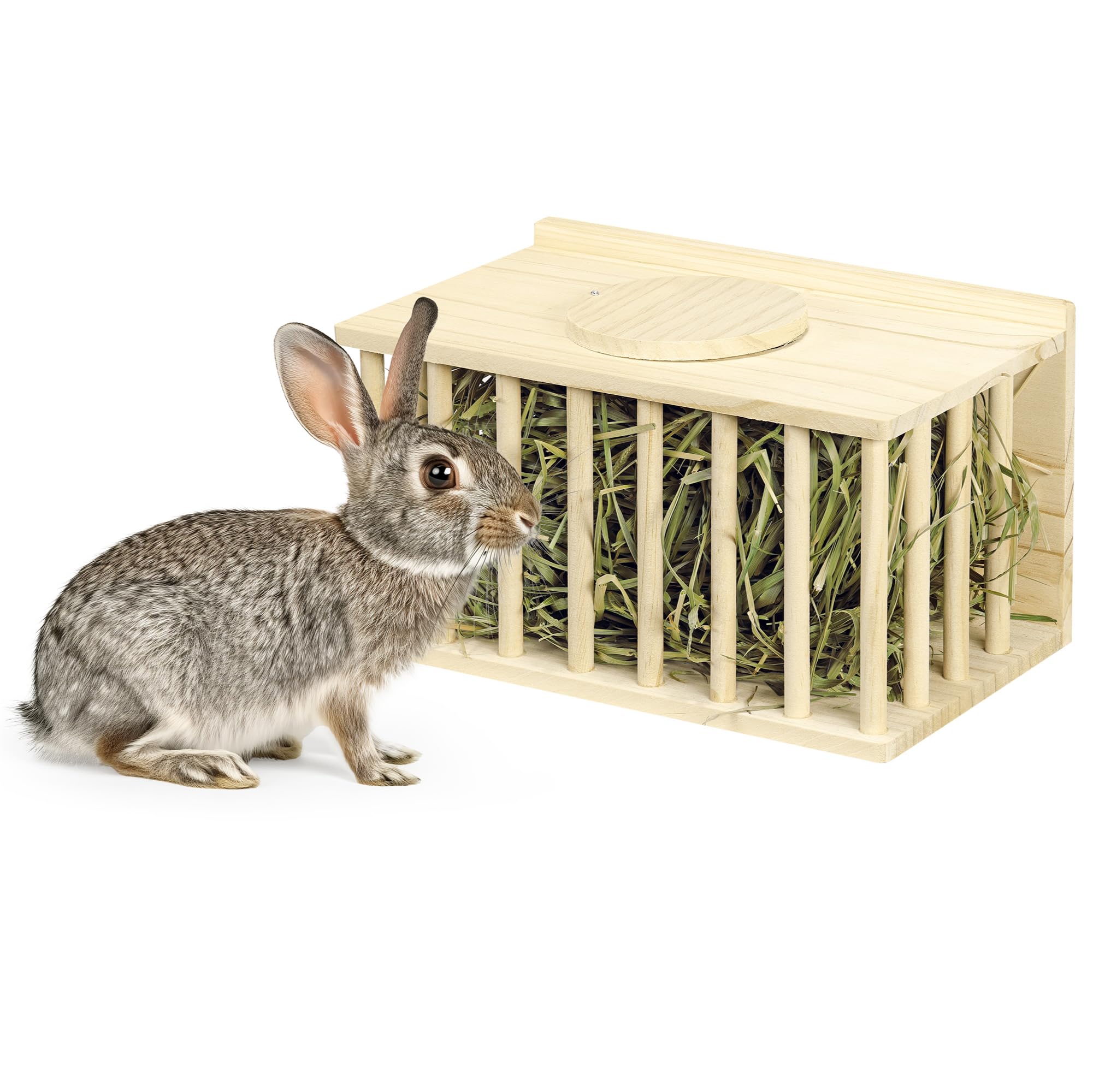 Navaris Wooden Hay Feeder for Small Pets - Rabbit and Guinea Pig Hay Rack - Natural Pine Wood Pet Hay Holder with Sliding Lid - Keeps Hay Tidy and Organised