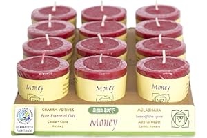 Premium Scented Hand Made Chakra Energy Candle | Votive 12-pack |Money, Muladhara| Yoga, Prayer & Meditation Candle | Long Burn |Essential Oils of Cassia, Clove & Nutmeg | Aloha Bay