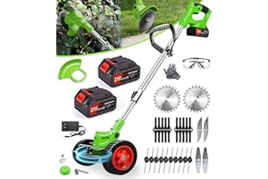 KAVLFA Electric Weed Eater Cordless Brush Cutter, 5 in 1 Lightweight Wheeled Weed Wacker, 21V Grass Trimmer Battery Powered with 2Pcs 4.0Ah Batteries & 5 Types Cutting Blades, for Yard Clearing Work