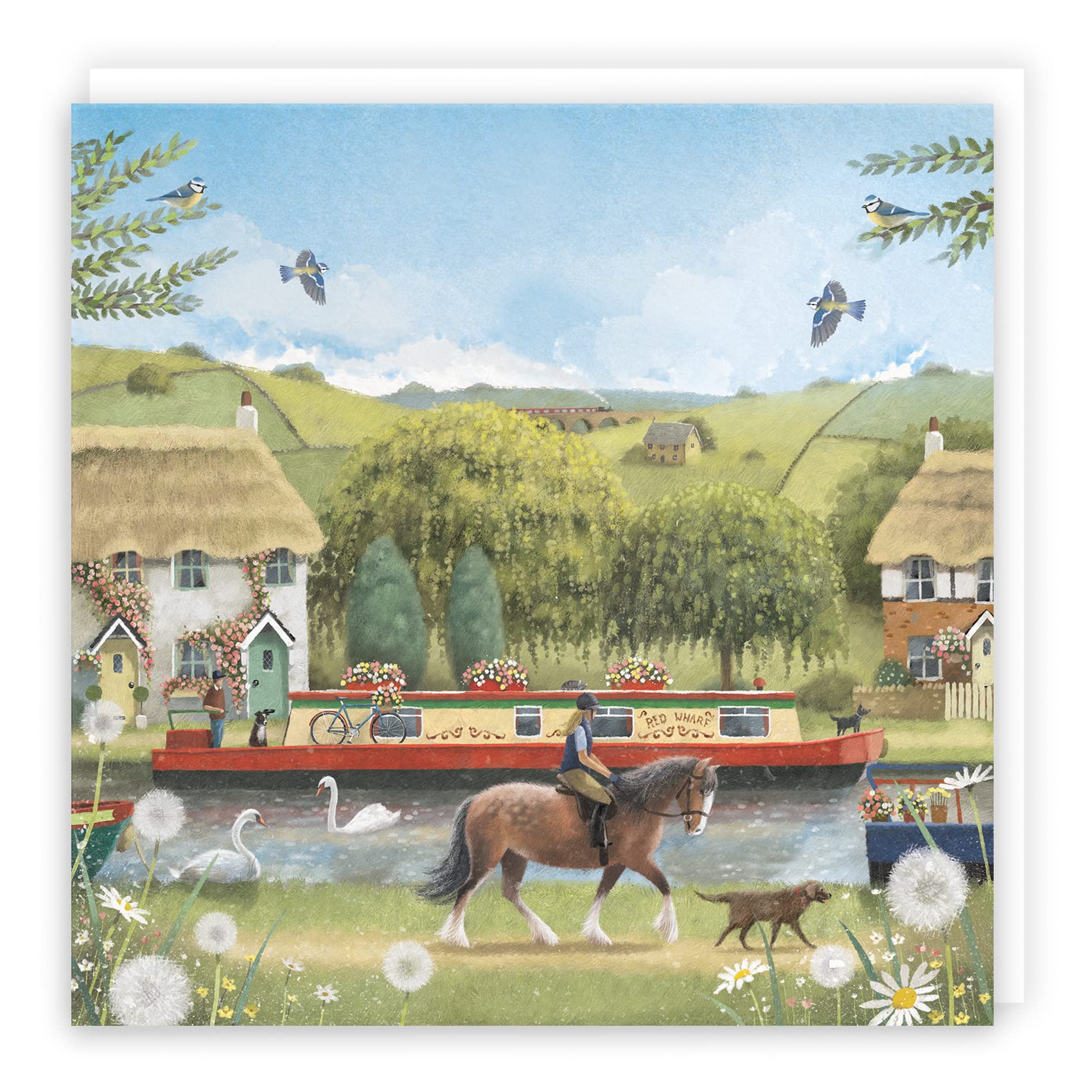 Hunts England - Canal Narrowboat Blank Card - Horse Riding - Countryside - Milo's Gallery - Any Occasion Card - Father's Day - Mother's Day - Retirement - Good Luck - Anniversary - Get Well Soon