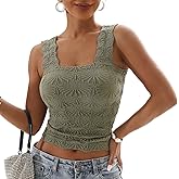 Women's Square Neck Seamless Wide Strap Crop Tank Tops,Slim Fit Flower Lettuce Trim Crop Cami Tops, Love Letter Cami