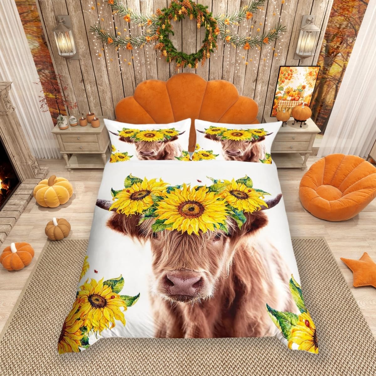 Highland Cattle Duvet Cover Set Cute Floral Cow Bedding Set 3pcs for Kids Boys Girls Yellow Sunflower Print Comforter Cover Animal Theme Quilt Cover with 2 Pillow Cases(No Comforter) Super King
