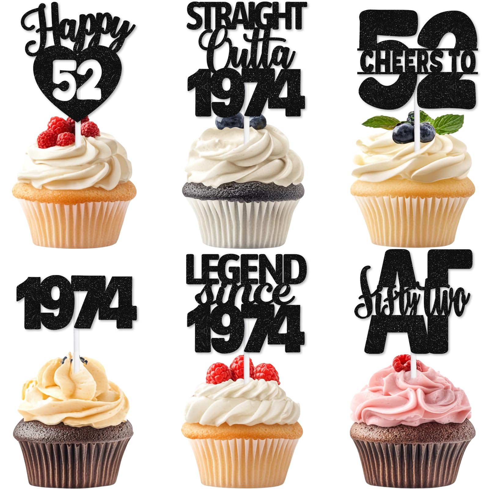 Photo 1 of 18Pcs Black 52nd Birthday Cupcake Topper,Pick for Straight Outta 1974 Cupcake Cheers to Fifty Two Years Old Theme Happy 52nd Birthday Anniversary Party Decorations Supplies
