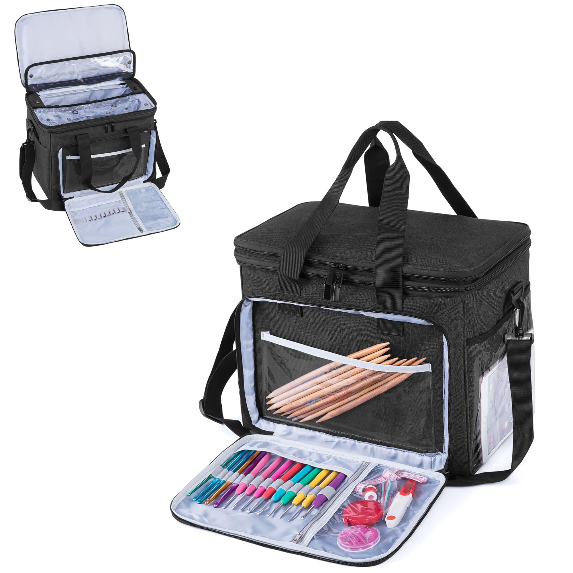 Teamoy Knitting Bag, Crochet Bag Yarn Storage Bag with Multiple Pockets for Crochet and Knitting Supplies (No Accessories Included) (Large with Lid, Black)