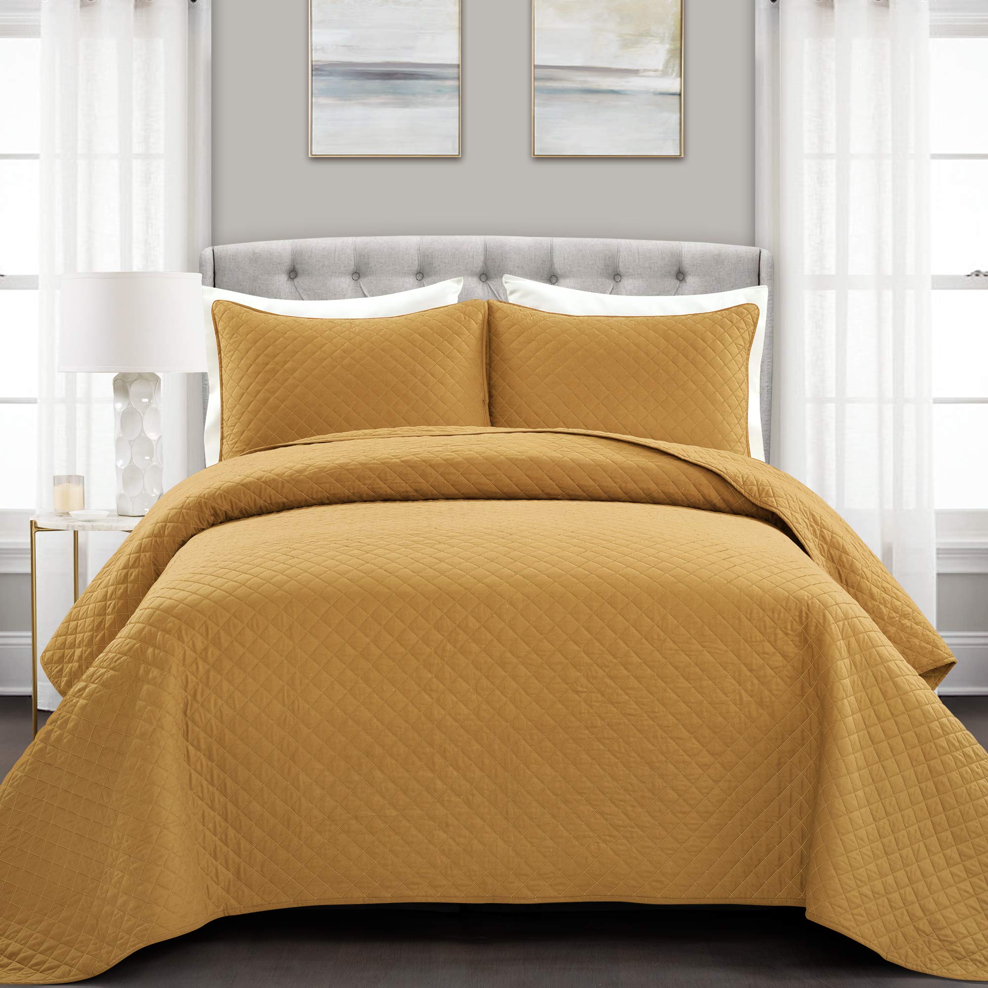 Lush Decor Ava Quilt Diamond Pattern Solid 3 Piece Oversized